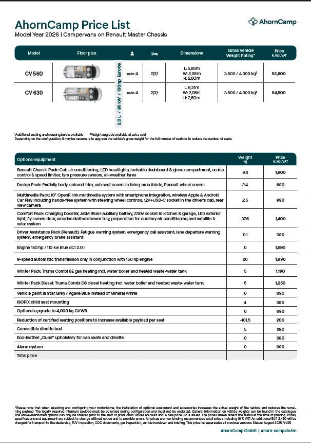 price list campervans